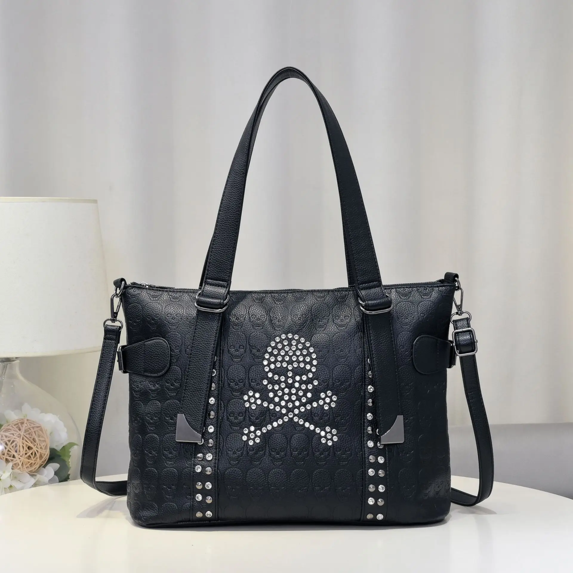 

JIEROTYX Rhinestone Embellished Large Capacity Shoulder Bag for Women Cute Diamond Satchel Goth Punk Style Handbag Tote Rivet