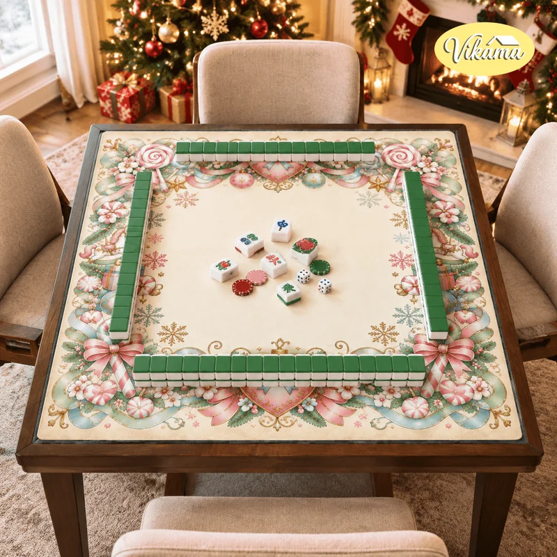 Christmas Pink Bow Mahjong Table Mat Non Slip Waterproof Card Game Mat for Dining Room Family Game Night Holiday Decor