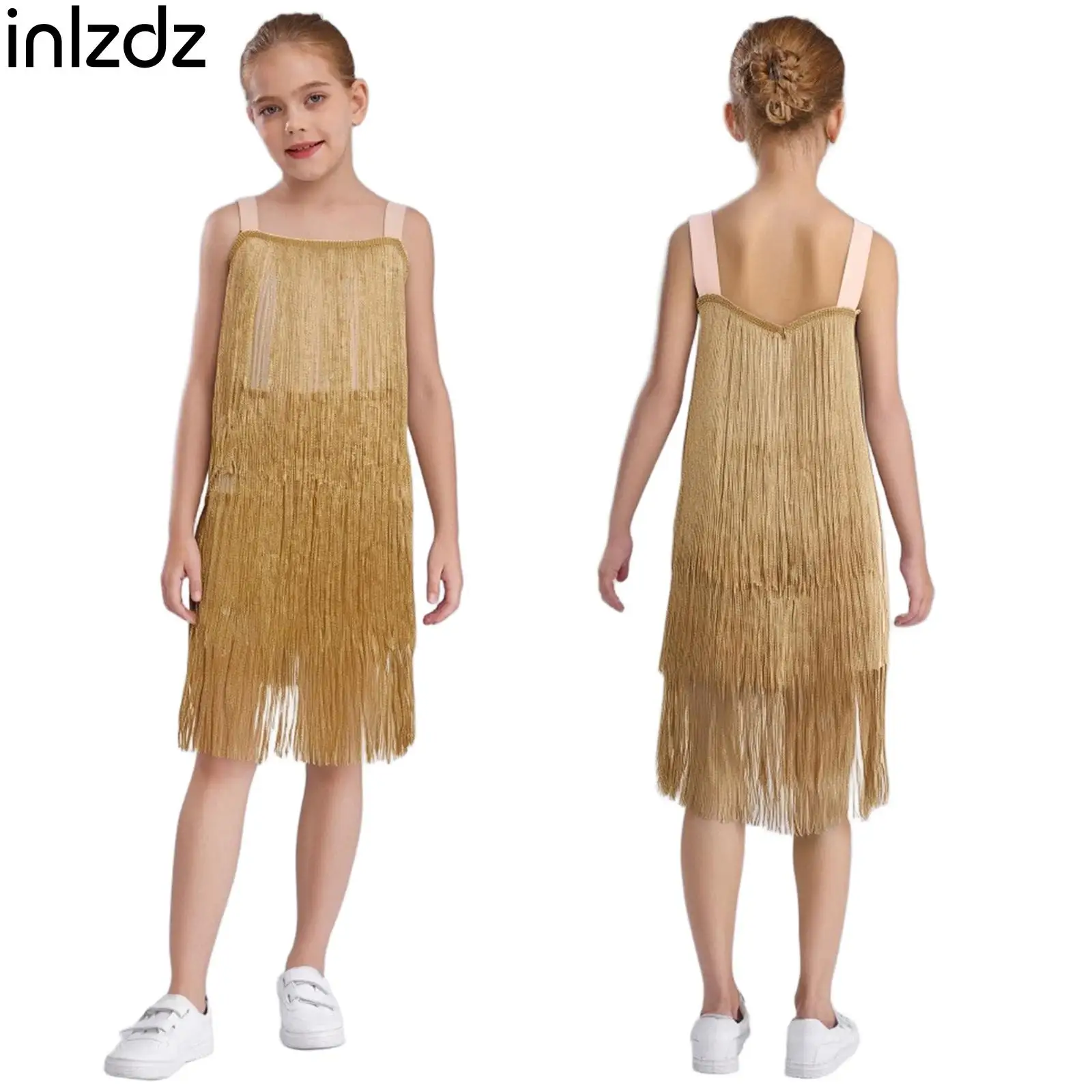 

Girls Kids Tiered Fringe Dress Sleeveless Wide Shoulder Straps Shimmering Tassel Dresses for Latin Dance Party Stage Performance
