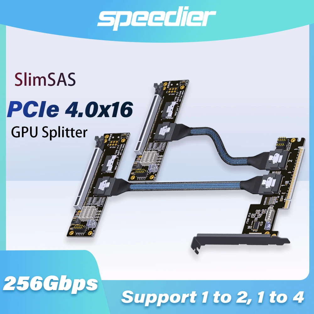 PCIe 4.0 X16 to x8 x8 SlimSAS GPU Splitter Extension Cable Adapter Card 1-to-2 1-to-4 SFF-8654 Gen4 256Gbps Graphics Card Riser