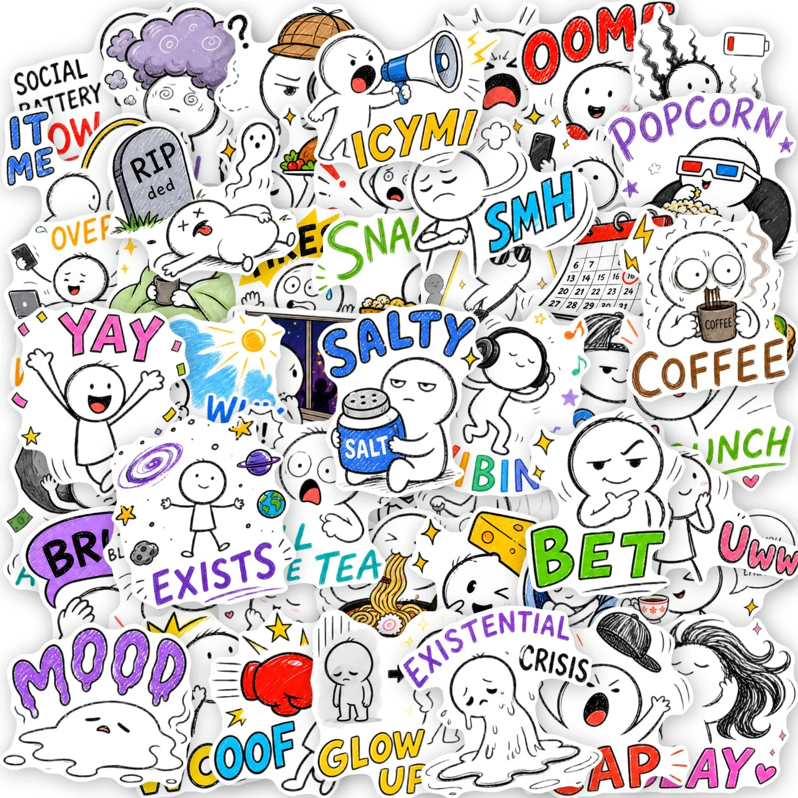 50 PCS Fun Simple Line Stick Figure Expression Stickers Internet Meme English DIY Water Cup Notebook Luggage Waterproof Decals