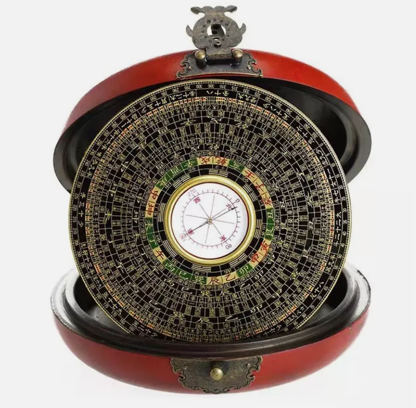 China Antique compass feng shui crafts precise Dragon phoenix Lacquer Box 15.5cm