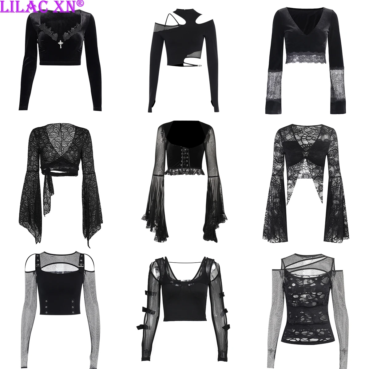 Goth Sexy Lace Mesh Flared Long Sleeve Corset Crop Tops Y2K Harajuku Vintage Aesthetic Black T-shirts Women Tops Tees Streetwear