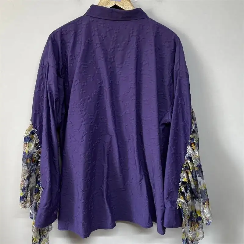 Embossed Pleat Lace Floral Patchwork Ruffle Sleeve Shirt Mens Niche Vintage Spring Autumn Long Sleeve Casual Tops QS3D