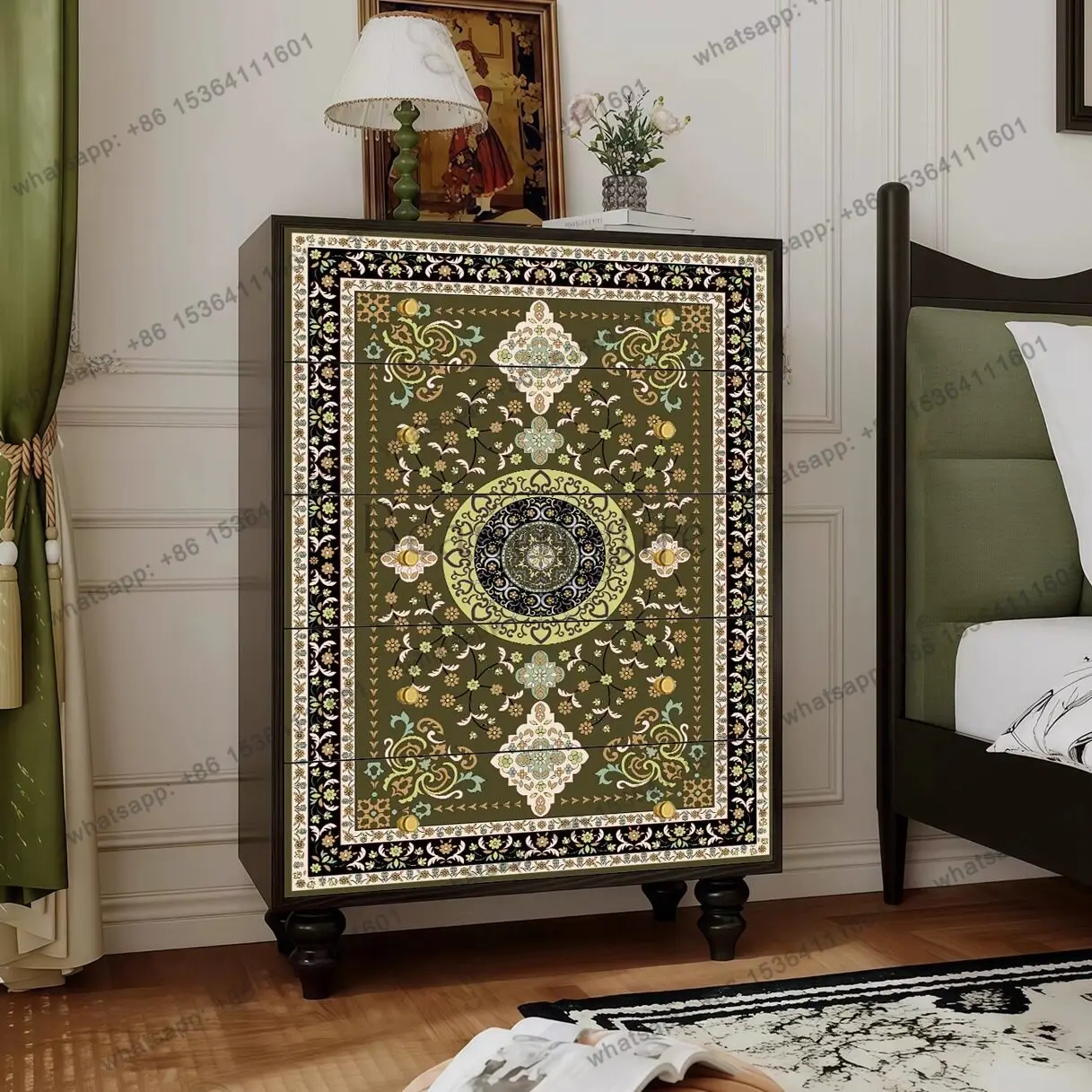 

French retro all-solid wood chest of drawers household living room bedroom high-end pattern pattern painted drawer cabinet