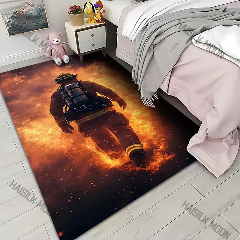 1PC Firefighter walking through flames Print Carpet for Living Room Bedroom Sofa Home Decor Rus Non-slip Floor Mat Luxury Gift