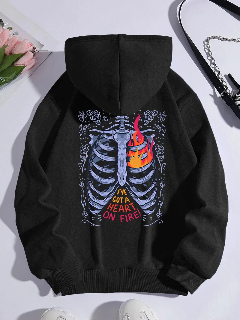 Got A Heart On Fire Hoodies Men Women Skeleton Printed Sweatshirts Pocket Soft Warm Breathable Pullovers Winter Casual Clothes