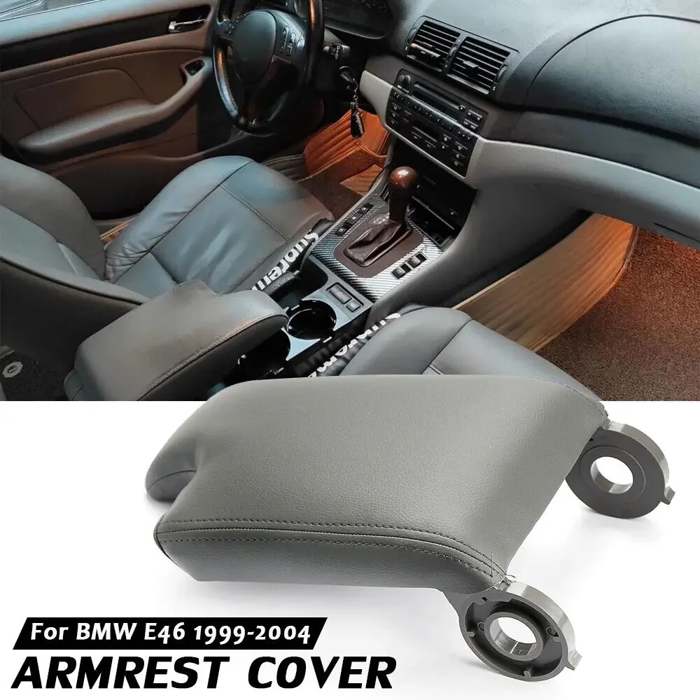1Pcs Gray Center Console Pad Handrail Box Lid Armrest Storage Cover Leather with Plate For BMW E46 1999 2000 2001 2002 2003 2004