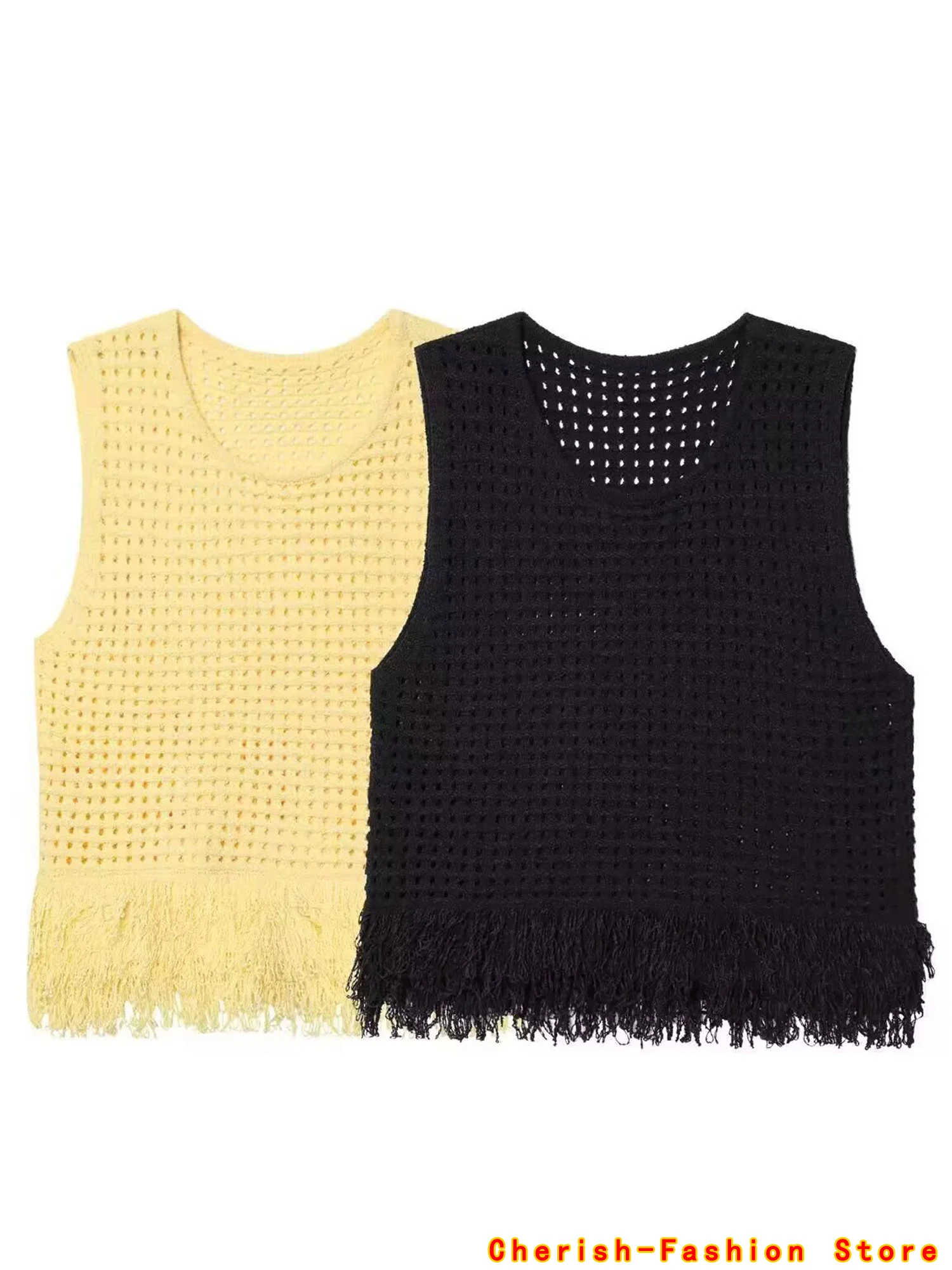 

Лето 2025 г., новинка в шикарном стиле, модные лоскутные топы-трубы с кисточками для женщин, вязаный короткий жилет без рукавов с круглым вырезом, женский