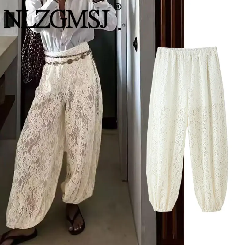 Nlzgmsj 2026 Frühling Sommer Lässige Schicke Spitzen-Damenhose Modische Weite Hose mit Elastischem Bund und Aushöhlungen