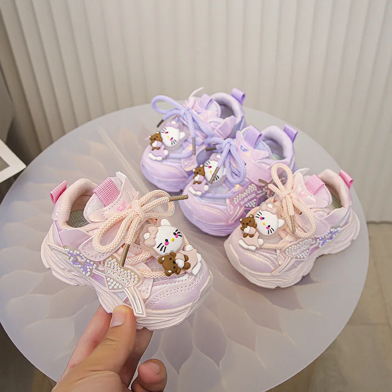 

Детская повседневная обувь, весенняя обувь из искусственной кожи с героями мультфильмов для девочек, Нескользящая обувь с мягкой подошвой и толстой подошвой, розовые, фиолетовые, размер 17-26