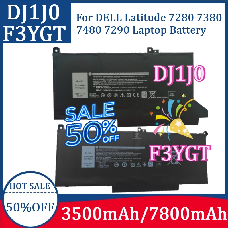 

New F3YGT 7.6V 7800mAh DJ1J0 11.4V 3500mAh Laptop Battery For DELL Latitude 7280 7380 7480 7290 Laptop Battery