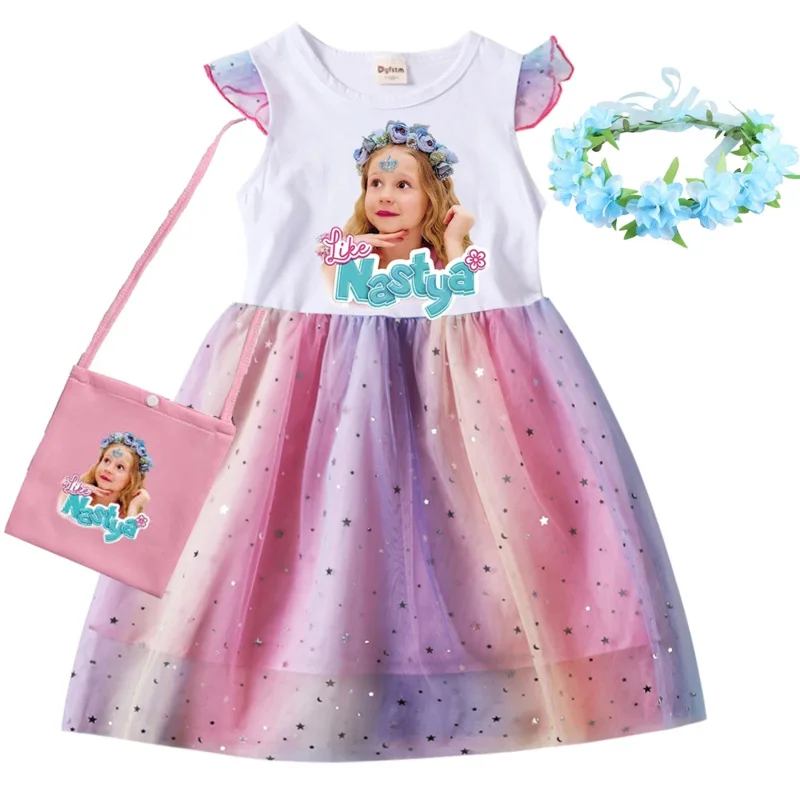 Like Nastya Clothes Baby Girls Rainbow Lace Dresses with Wreath Bag Kids Cartoon Garden of Banban Wedding Party Princess Vestido