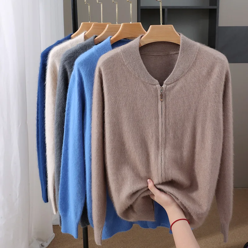 

Осень/зима, 100% норковый кашемировый кардиган на молнии, мужской однотонный толстый свитер с полувысоким воротником, свободный кашемировый свитер снаружи