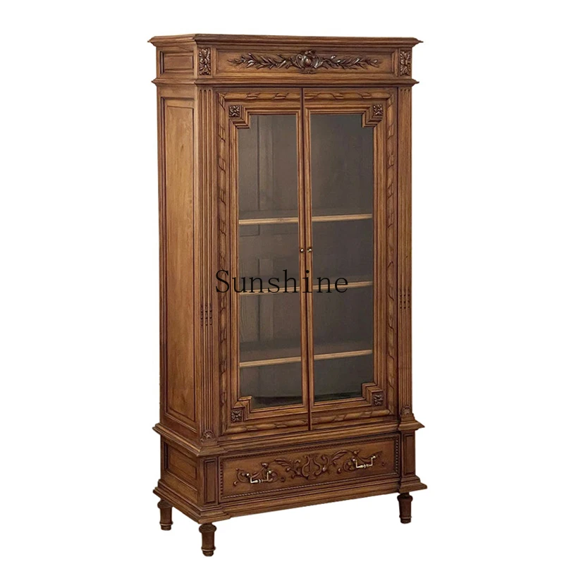 

French retro solid wood glass wine cabinet dining side cabinet against the wall high cabinet medium antique
