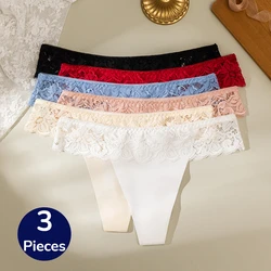 TrowBridge 3PCS/Set Women's Panties Sexy Lace Underwear Hollow Out Thongs Lingerie Sweet Floral G-Strings Cozy Silk Satin T-Back