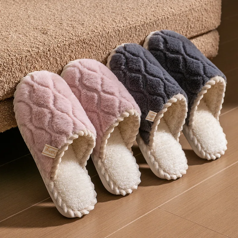 New Women Cotton Slippers House Couples Fluffy Slides Autumn Winter Solid Warm Plush Slippers Bedroom Ladies Cotton Shoes TG28