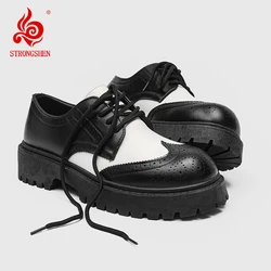 STRONGSHEN-Sapatos casuais de couro masculino, Brogue de escultura artesanal, Apartamentos de negócios, Oxfords formais, preto e branco, moda