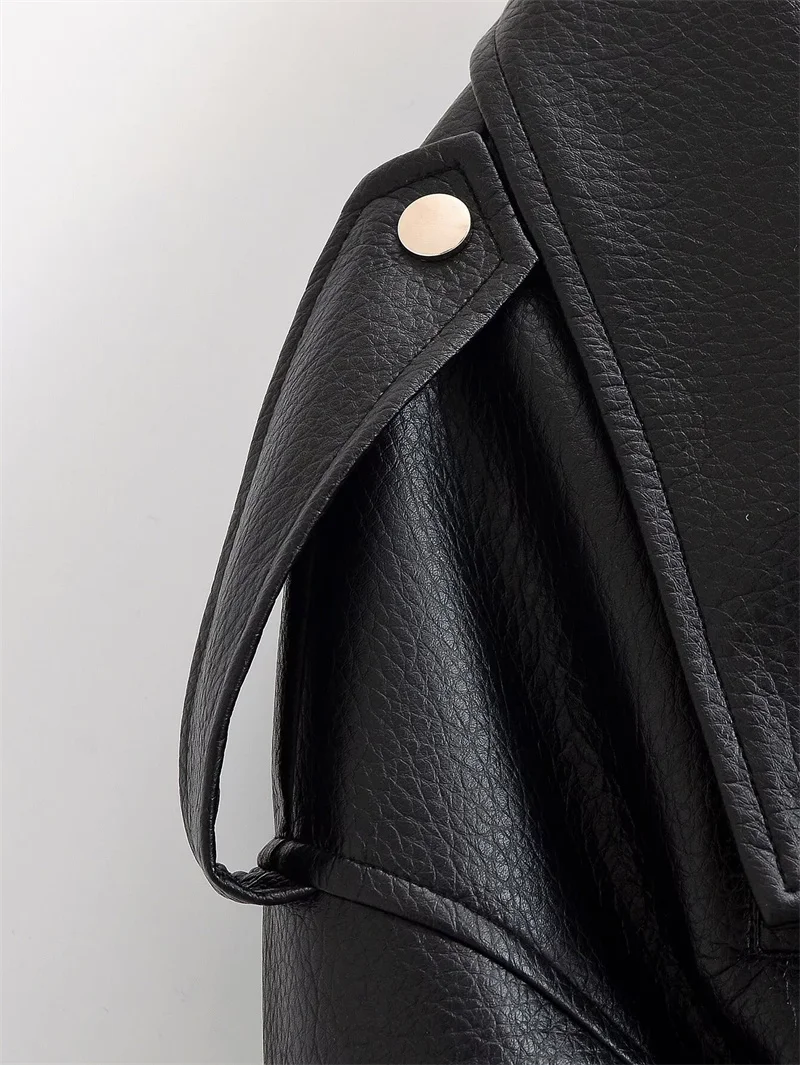 Guobioziy 2026 Fall New Arrival Women's Jacket Black Long-Sleeve Faux Leather Zipper Biker Jacket Parka Stylish and Trendy