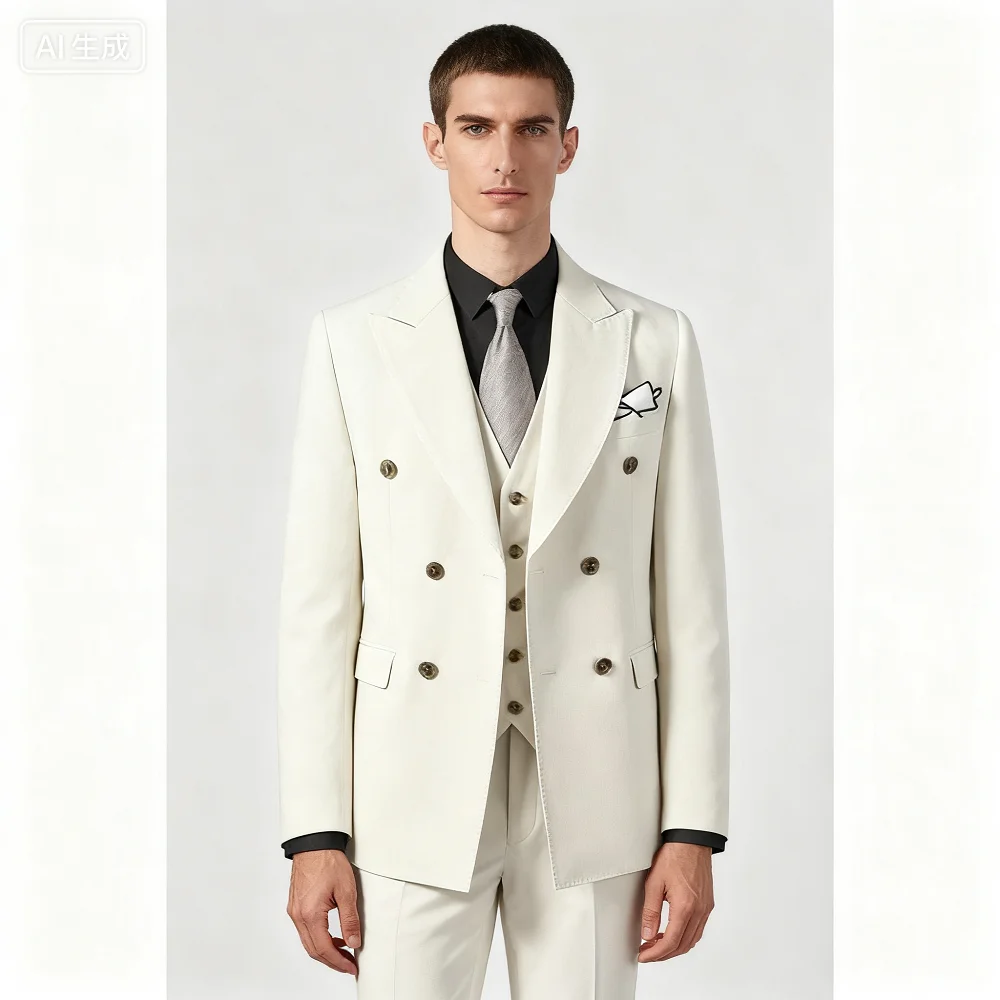 Customizable Men's White Terno Three-Piece Suit with Cream Lapel Jacket Pants Vest Set with Chest Buckle Adjustment