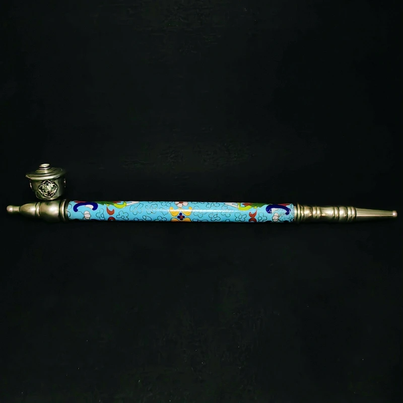 YIZHU CULTUER ART Size 42cm Chinese Tibet Silver Cloisonne Carving Inlay Flower Tobacco PipeDecoration Collection