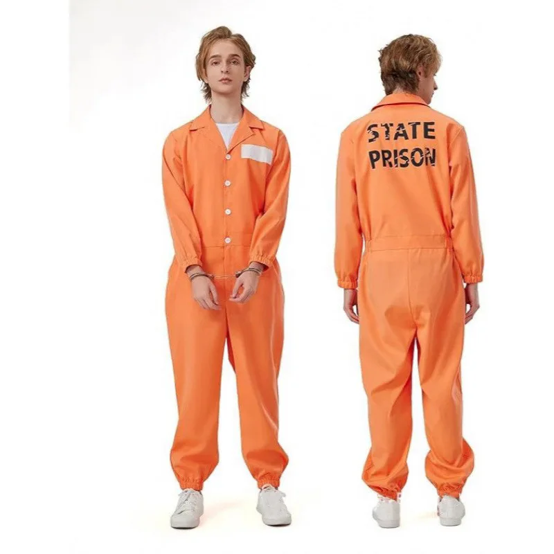 Adult Inmate Costume Halloween Prisoner Cosplay Jumpsuit Lapel Long Sleeve One Piece Unitard Men Orange Prisoner Jail Uniform