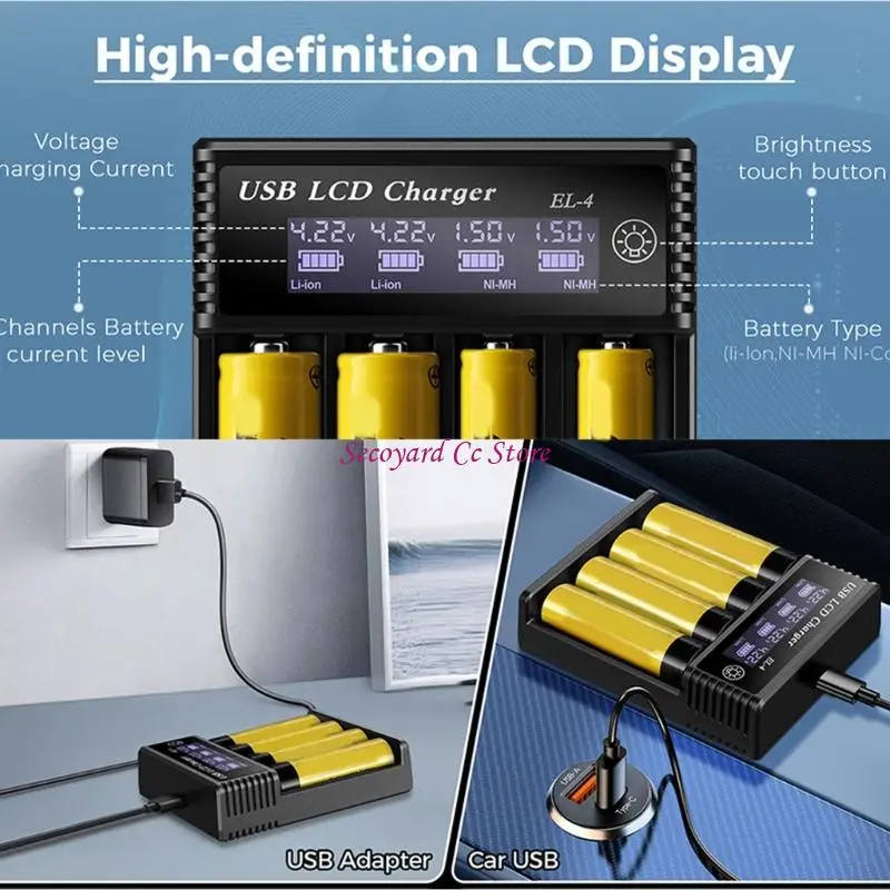 N3UC USB Powered 4 Bay Battery Chargers with LCD Screen, ABS Shell, 5V 2A Input Liion Cell Chargers for Flashlights, Cameras,