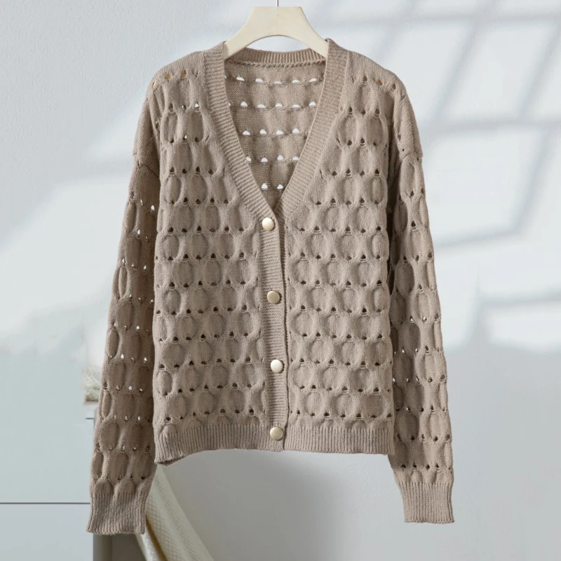 Women's cardigan sweater khaki Spring/ autumn/winter loose casual  jacket knitted long sleeved top basic Simple