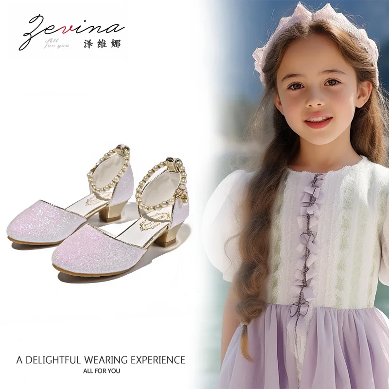 Girls' Sequin Non-slip High-heeled Sandals Kids' White Beaded Dance Single Shoe Princess Show Shoes Children's Pearl Chain Shoes