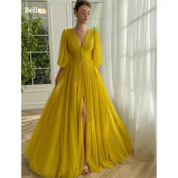 Bella Yellow Chiffon A-line Prom Dresses Elegant Long Sleeves Evening Dress V-neck Side Split Customized Vestidos De Fiesta