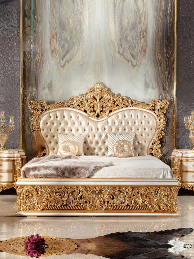 Wood Carved Marriage Bed 1.8 Double Bed Master Bedroom Gold Foil Fabric Princess Bed