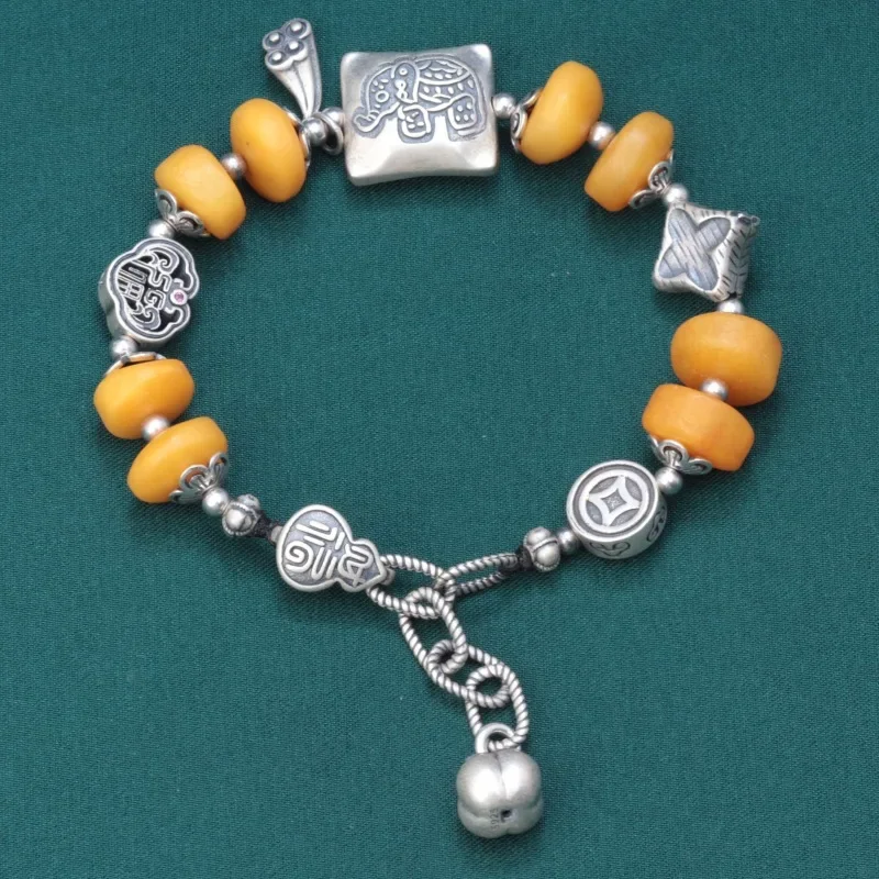 Original Design 925 Sterling Silver Irregular Amber Beewax Lotus Bracelet For Women Retro Ethnic Style Handmade Beaded Bracelets