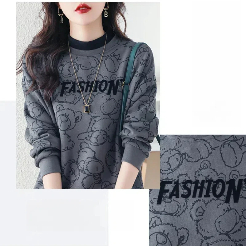 Women\'s Clothing Pullover Round Neck Letter Cartoon Patchwork Lantern Long Sleeve Hoodies Casual High Street Preppy Style Tops