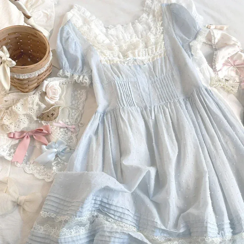 

CyWomen Japanese Kawaii Cute Lace Dress Square Neck Sweet Elegant Lolita Mini Fairy Dresses Korean Summer Party Princess Dress20