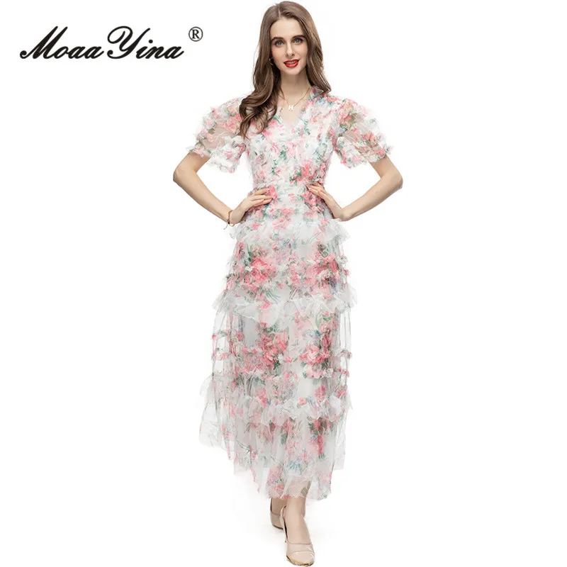 

MoaaYina Summer Fashion Designer Vintage Floral Print Dress Women's V Neck Short Sleeve High Waist Mesh Ruffles Slim Long Dress