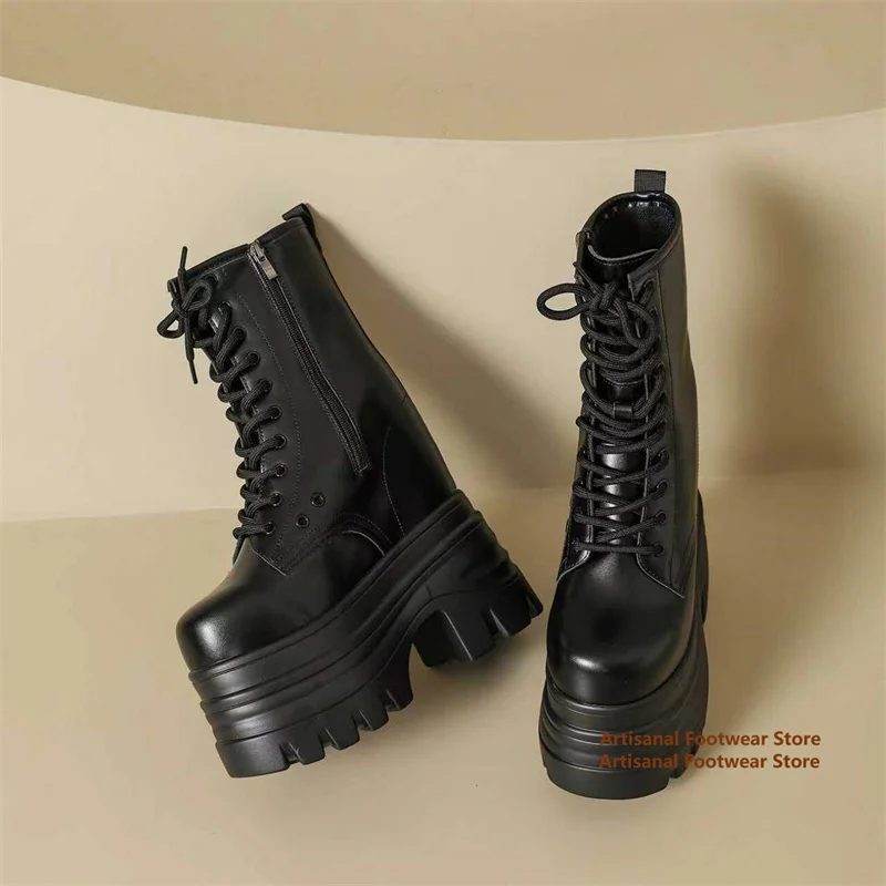 Men Hidden Height Increasing Boots Black Lace Up Side Zipper Chunky Lug Sole Platform Ankle Combat Boots Trendy Men's Boots