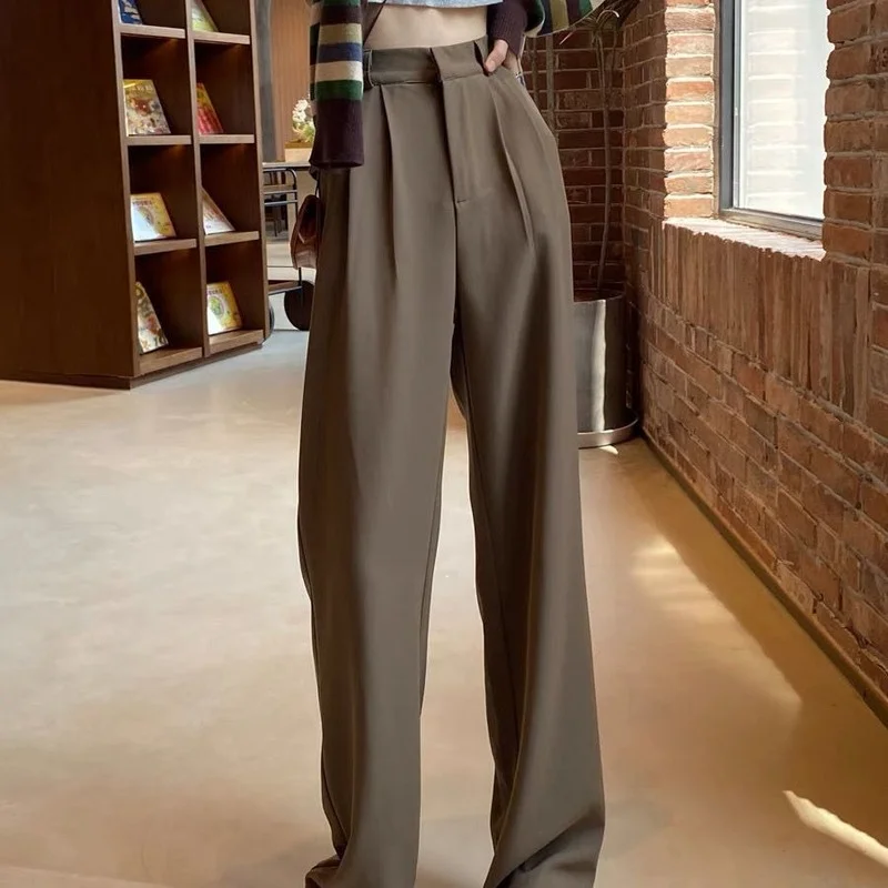 Fluid Spring Autumn Suit Pants 2024 Wide Leg Brown Long Casual Trousers for Women Trendeez Brown Fashion High Waist Dress Pants