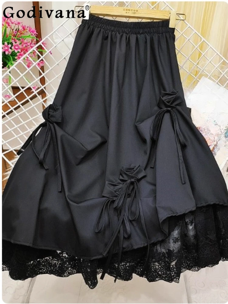 

Large Size Sweet Girl Bow Pleated Gauze Splicing Skirts Spring Summer Elastic Waist Medium Long Sweet Lace A-line Korean Skirt