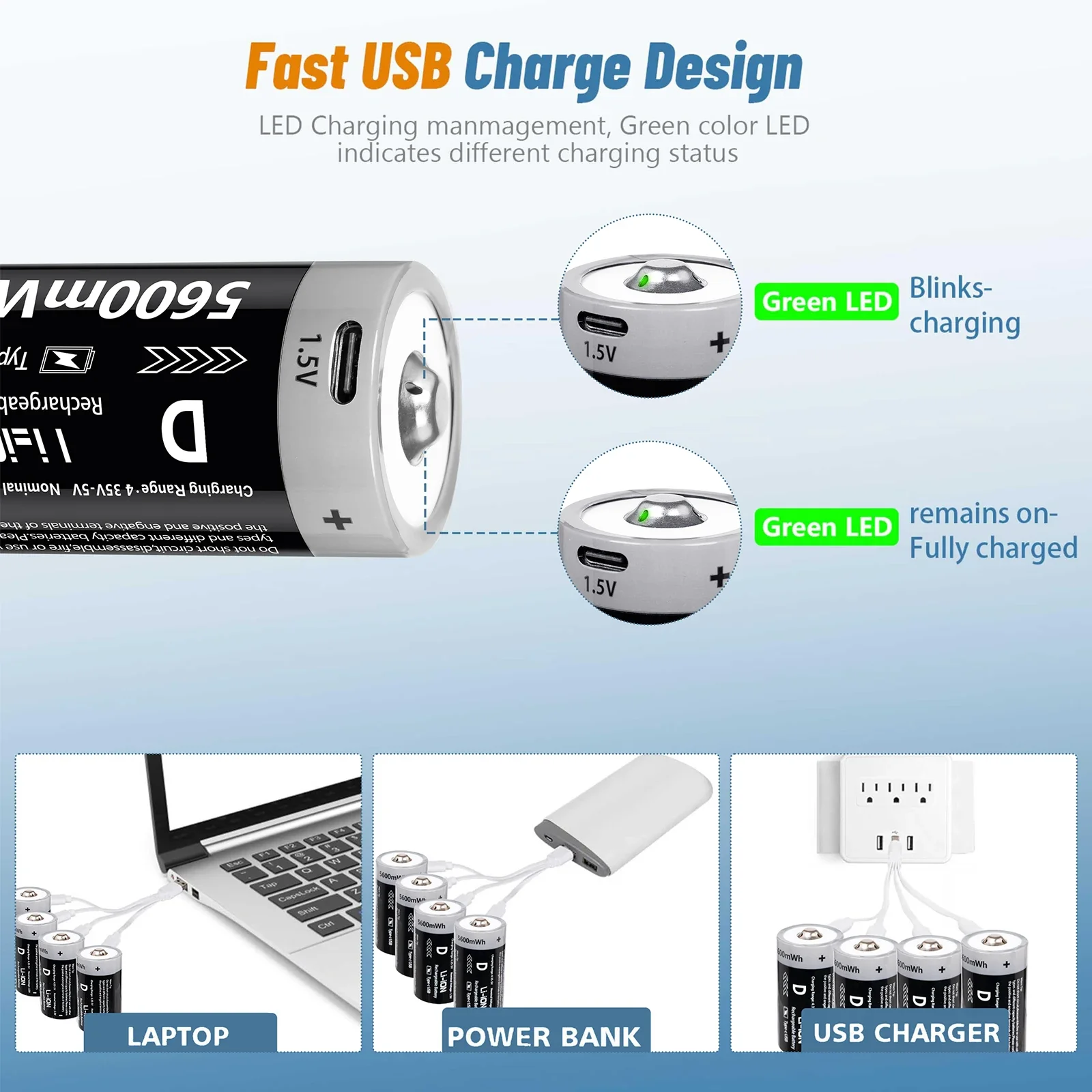 AIPEKE 2-10PC USB 5600mWh D ขนาดแบตเตอรี่ LR20 แบตเตอรี่ลิเธียม Li-Ion ชาร์จ D ขนาดแบตเตอรี่ 1.5V สําหรับแก๊สเครื่องใช้ไฟฟ้า