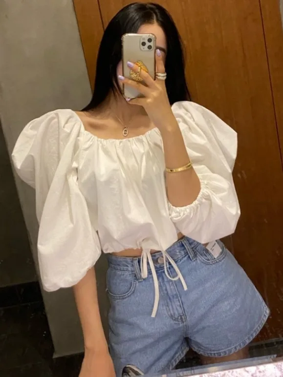 

Dongda Gate Summer New Pure Color Versatile One-oulder Bubble Sve irt Women's Top Knot Ne Design Breathable Material