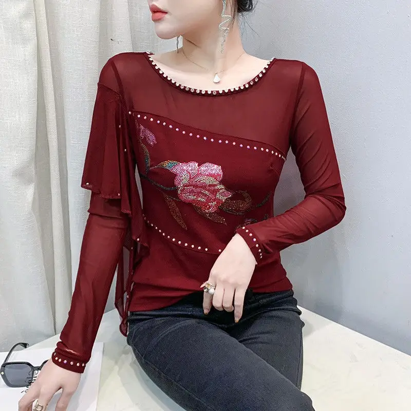 New Autumn Clothing Sexy Mesh T-shirt for Women Long-sleeved European Diamond Top Slim and Slim Dance Base Shirt