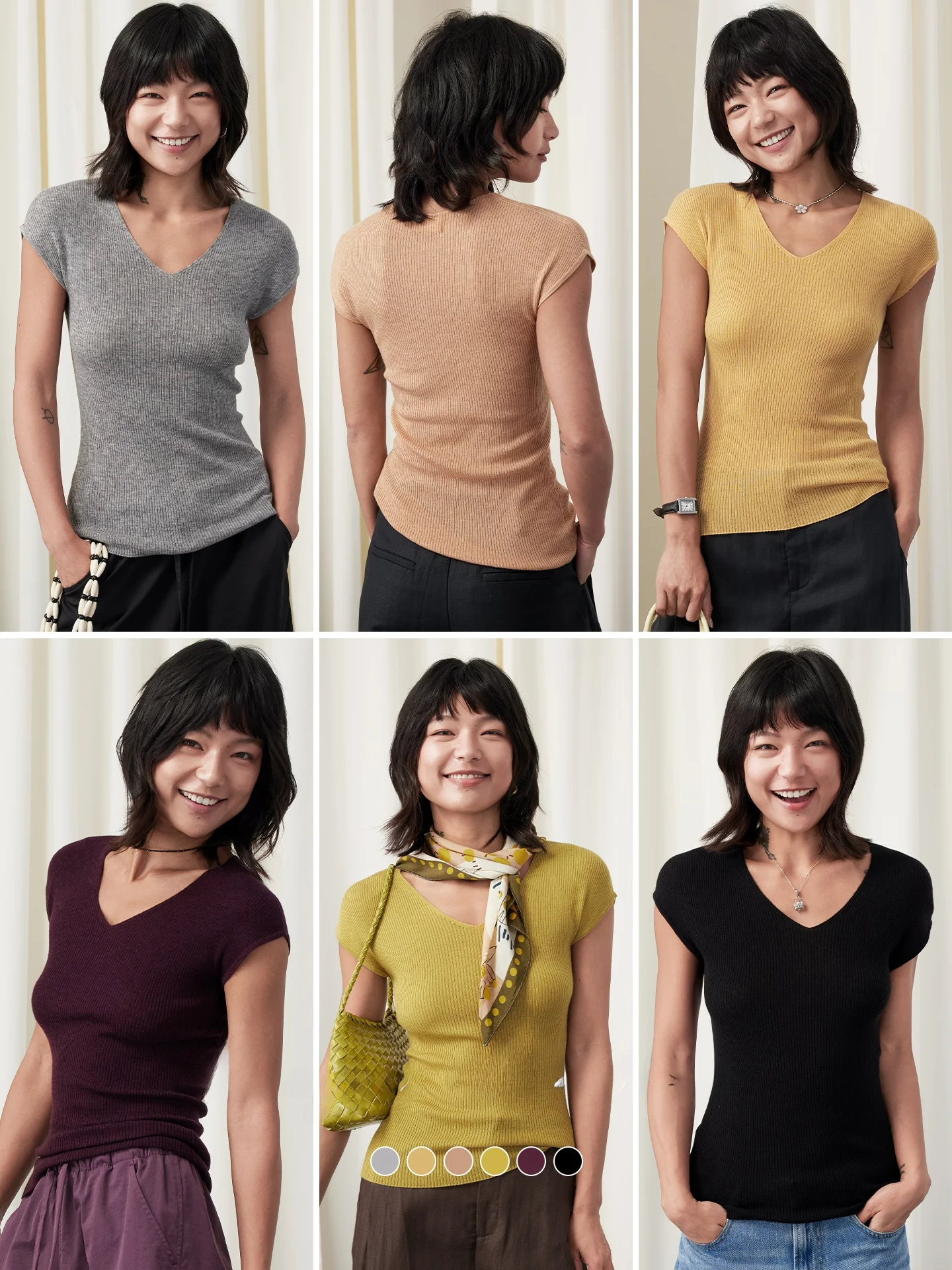 Lagur Water Soluble Wool V-Neck Short Sleeve Summer Top Women's Slim Fit Seamless Integrated Casual Style Pure Color T-Shirt