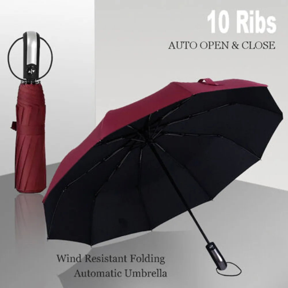 10 Ribs Strong Windproof Anti-UV Umbrella Automatic Open Close Folding Umbrella Travel Rain Men Women Umbrellas