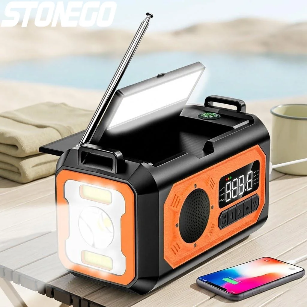 

Портативное аварийное радио 12000 мАч с AM/FM/NOAA, 2 солнечными панелями, ручным динамо-генератором и лампой для чтения для кемпинга на открытом воздухе