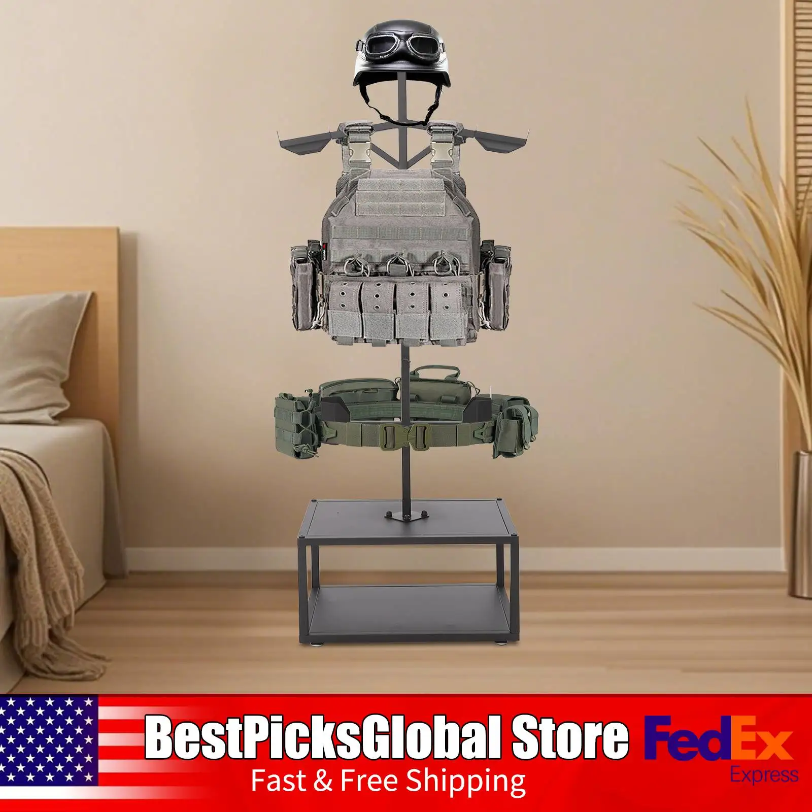 

50 X 38 X 165-180cm Tactical Gear Stand, Black, Heavy Duty Storage Rack with Reinforced Base for Vest, Equipment Display