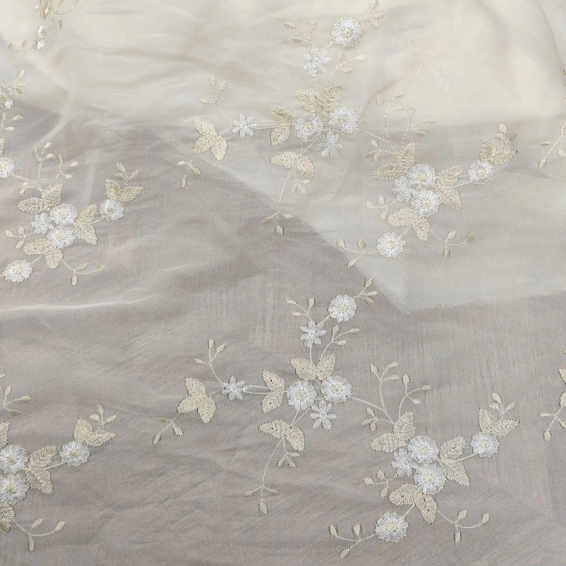 

1 Yard White/Apricot Sheer Soft Mesh Fabric with Embroidery – 1.25m Wide for Wedding & Stage Costumes, Elegant Vintage Style