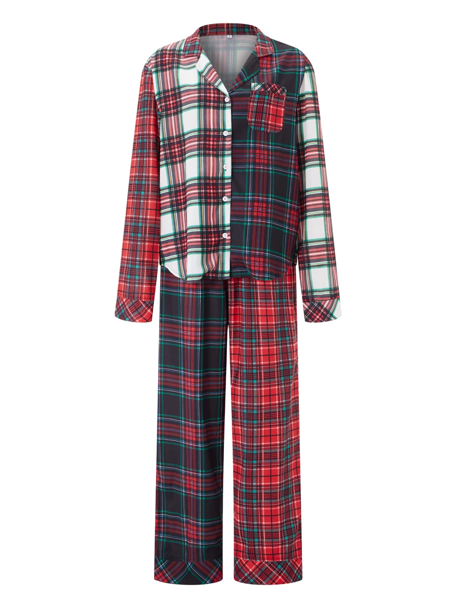 Женский пижамный комплект в клетку, топы на пуговицах с длинными рукавами, длинные брюки с эластичной резинкой на талии, комплект одежды для сна из 2 предметов