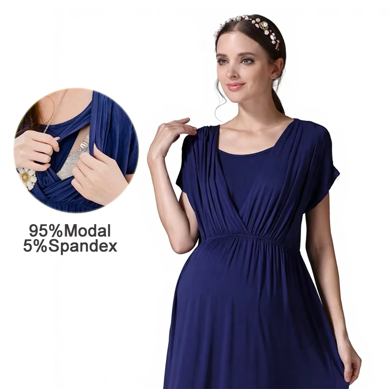Cross Wrap Nursing Maxi Dress Crew Neck Cap Sleeve Lift Feeding Elastic Waist Soft Stretch Full Length Pregnant Women Long Dress
