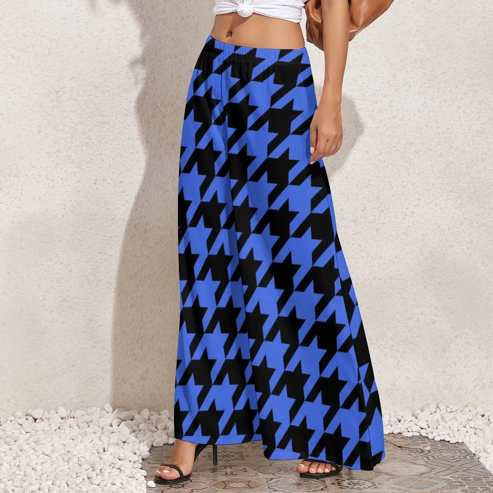 Pantalones rectos de pata de Gallo Azul para mujer, estampado Vintage, Pantalones anchos de moda, pantalones de patrón de estilo callejero de gran tamaño