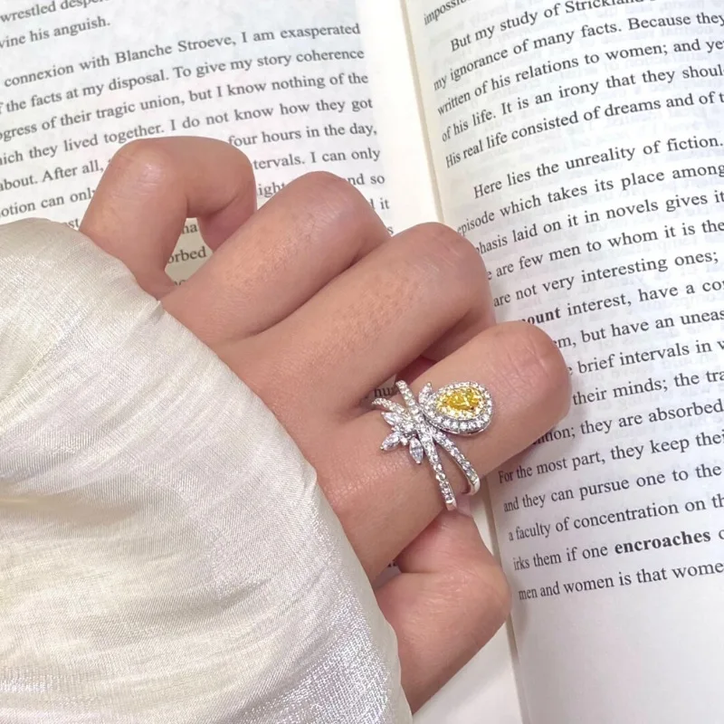 Inspiration silver 925 light luxury rings for women retro micro inlaid yellow gemstone water droplet ring banquet jewelry gift